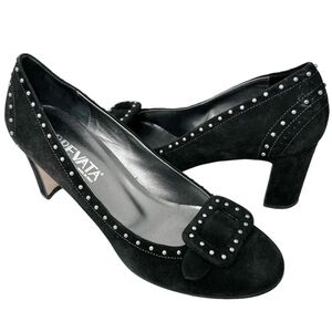 Prevata Italy Black Suede Studded Buckle Stacked Heel Pumps 9 AA Narrow